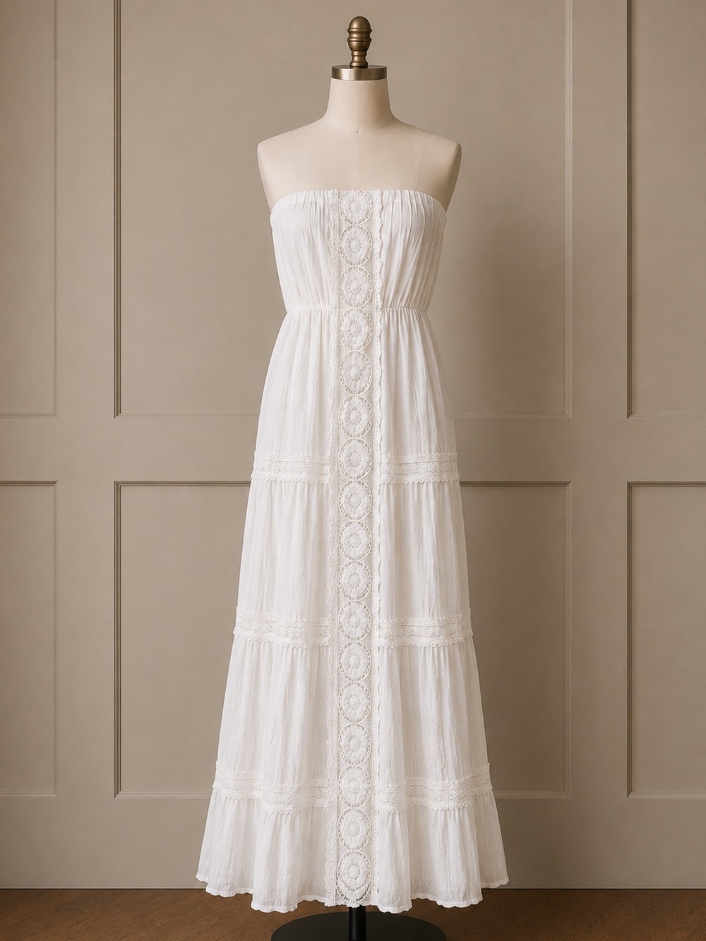 White Strapless Lace Maxi Dress Boho Cottagecore Romantic